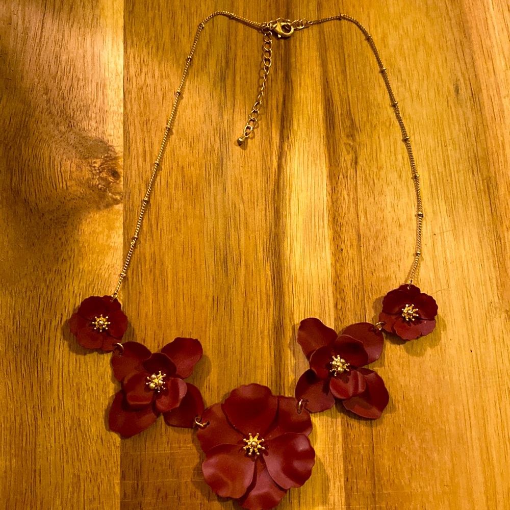Dark Red Poppy Necklace Gold Chain Gold Accents